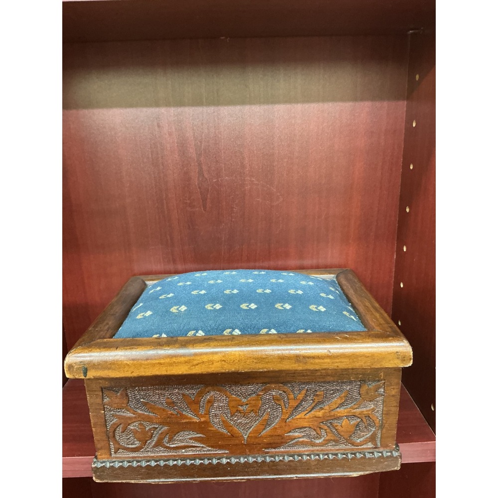 Vintage Hand Carved European Folk Art Wood Sewing Box Pincushion 1890-1920
